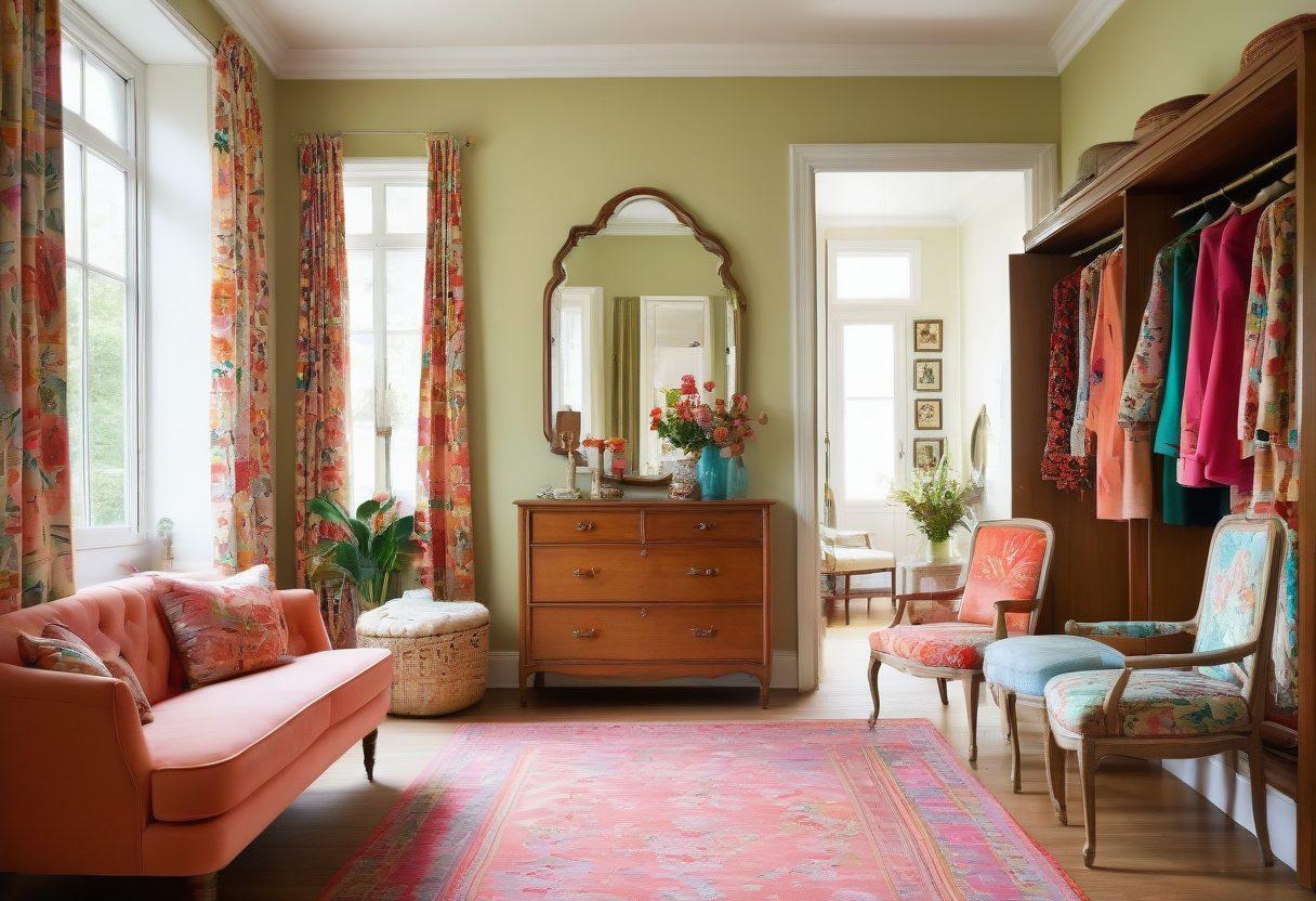 A stylish vintage closet filled with colorful, chic clothes from the 60s and 70s, showcasing elegant dresses, retro accessories, and sophisticated shoes. Soft natural light filters through a window, highlighting the textures and patterns of the fabrics. A vintage mirror reflects the stylish arrangement, giving a sense of classy transformation. Floral accents and warm wooden tones enhance the inviting atmosphere. painterly style. vibrant colors. warm lighting.