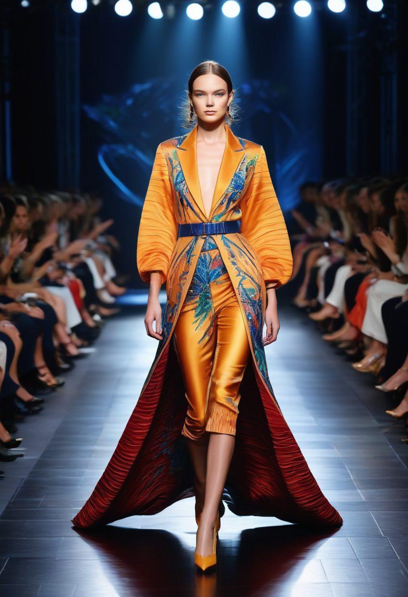 A lavish fashion runway showcasing haute couture designs with models in stunning, intricate outfits transitioning into casual elegant looks for everyday wear. Surround the runway with a diverse audience in fashionable attire, capturing excitement and admiration. Include dramatic lighting and a backdrop of colorful fabrics flowing like waves. The scene should evoke a sense of creativity and style. super-realistic. vibrant colors. 3D.