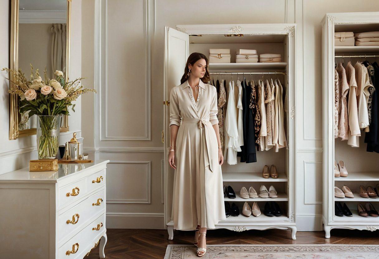 An elegant woman wearing a timeless, chic outfit in a beautifully styled wardrobe filled with luxurious fabrics and classic pieces. Soft natural lighting highlights the intricate details of the clothing, showcasing sophistication and style. Include accessories like statement jewelry and elegant shoes. The background features a vintage mirror and artistic clothing racks. soft colors. super-realistic. vibrant lighting.